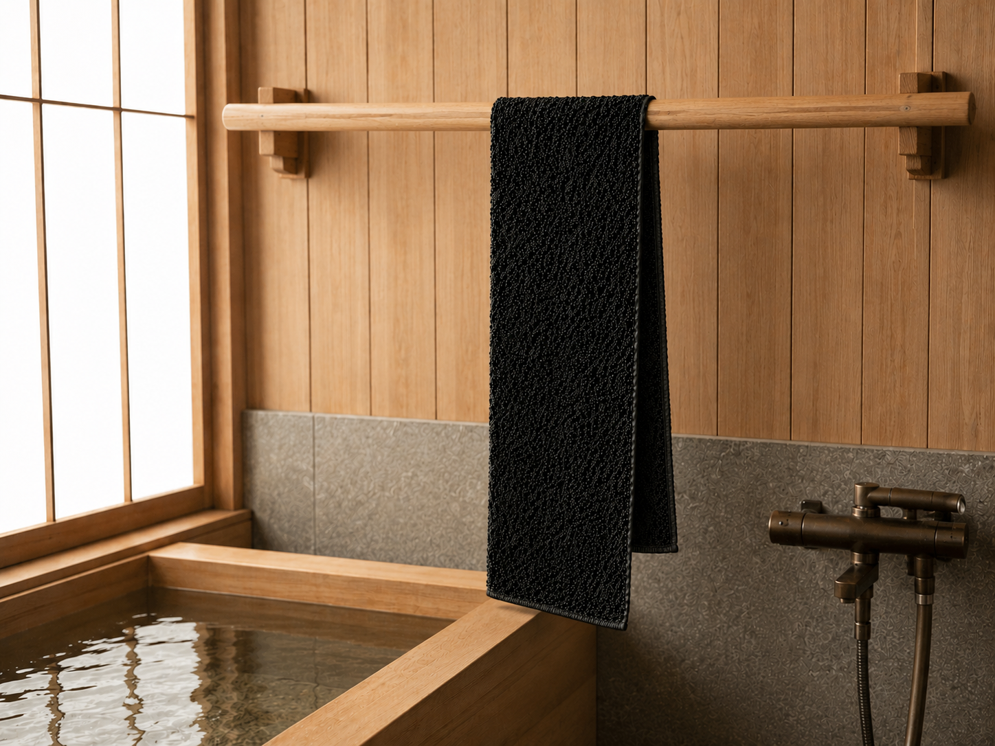 Black Kuyona towel hanging open over a wooden rail beside a warm bath