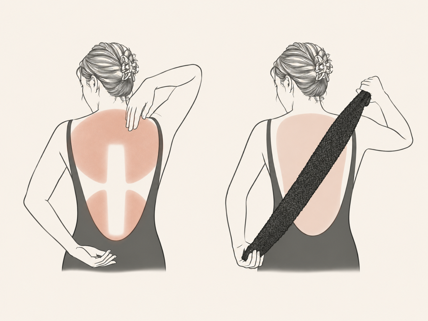 Editorial diagram comparing the centre-back gap left by one-handed reach with the coverage of a long two-handed towel