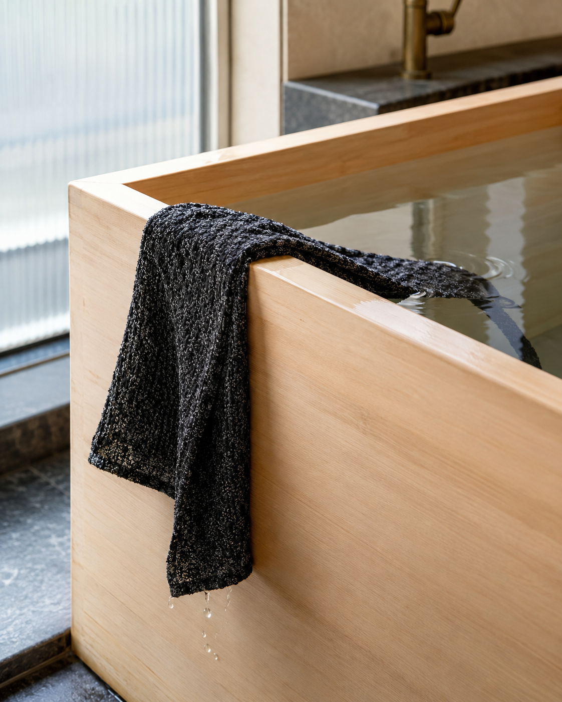 Full-length black Kuyona exfoliating towel arranged on warm stone